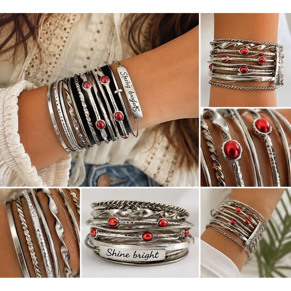 Vintage Style 12 Pc Silver Tone Bracelet Stack Lot Red Cabochon Boho